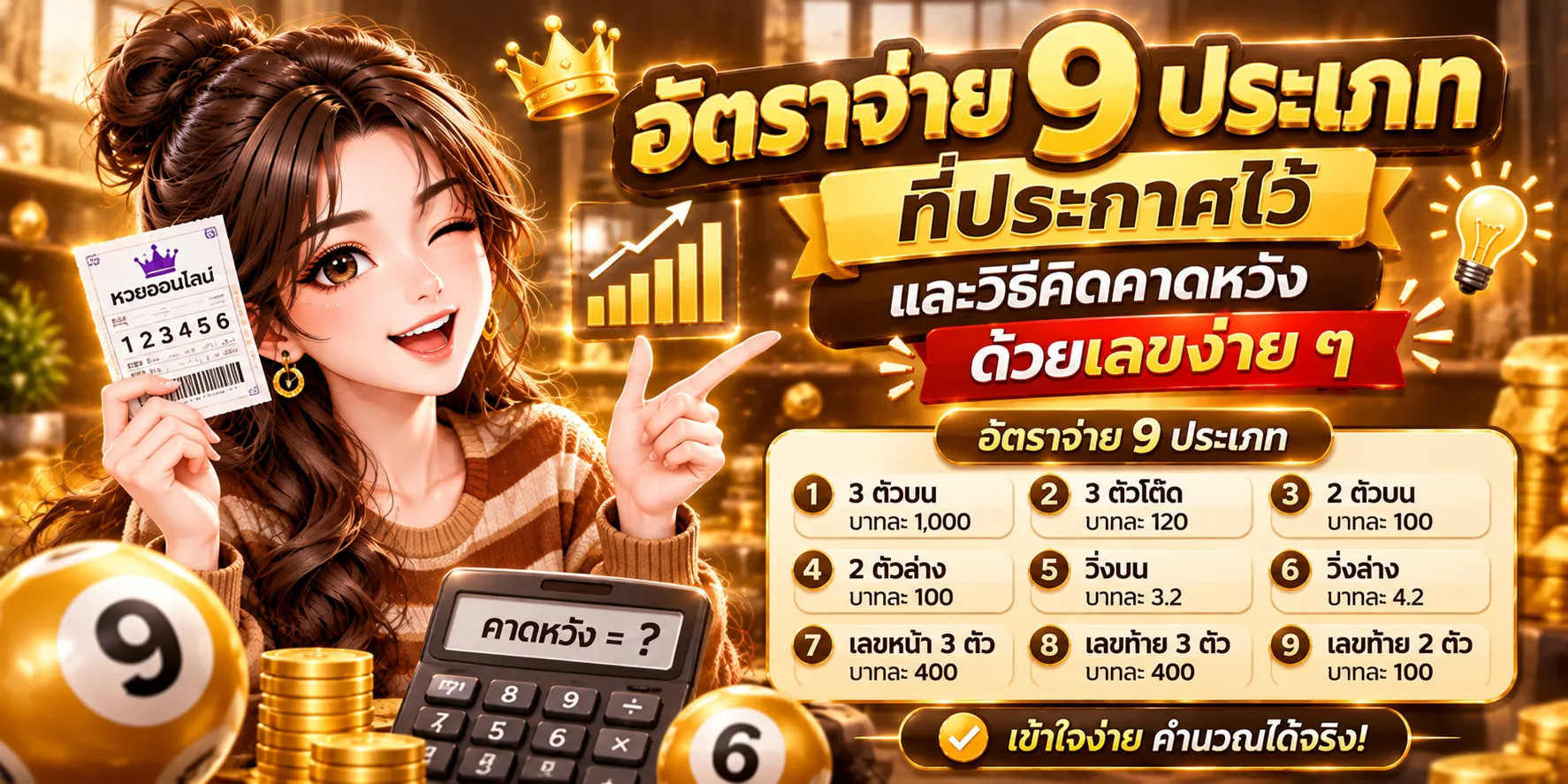 ตารางอัตราจ่าย ลุ้นเจริญ 9 ประเภท และการคิดมูลค่าคาดหวังของหวย 3 ตัวบน